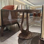 Round Sofa Side Table with Radial Natural Wood Veneer Top Sculptural Loop Pedestal and Circular Base